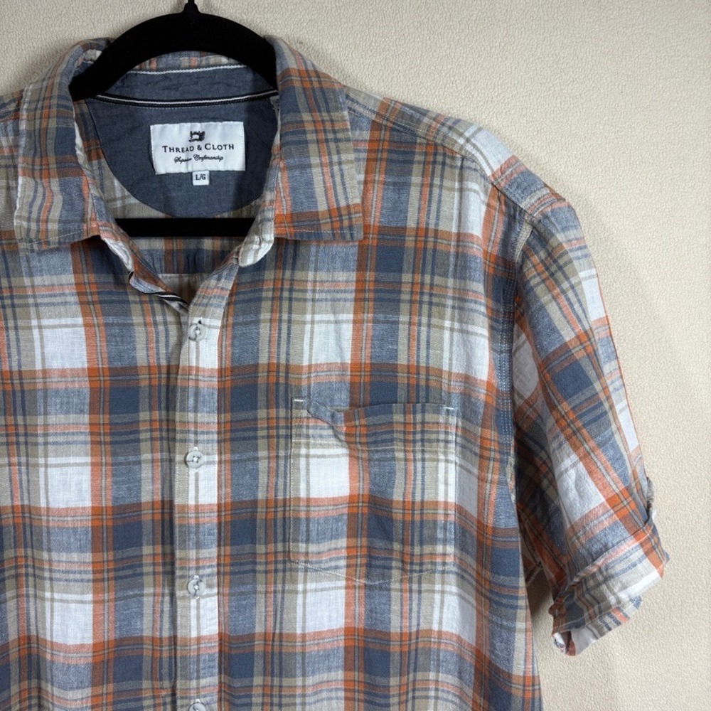 Thread & Cloth Mens Short Sleeve Linen Cotton Plaid Button Down Shirt Lg Orange‎